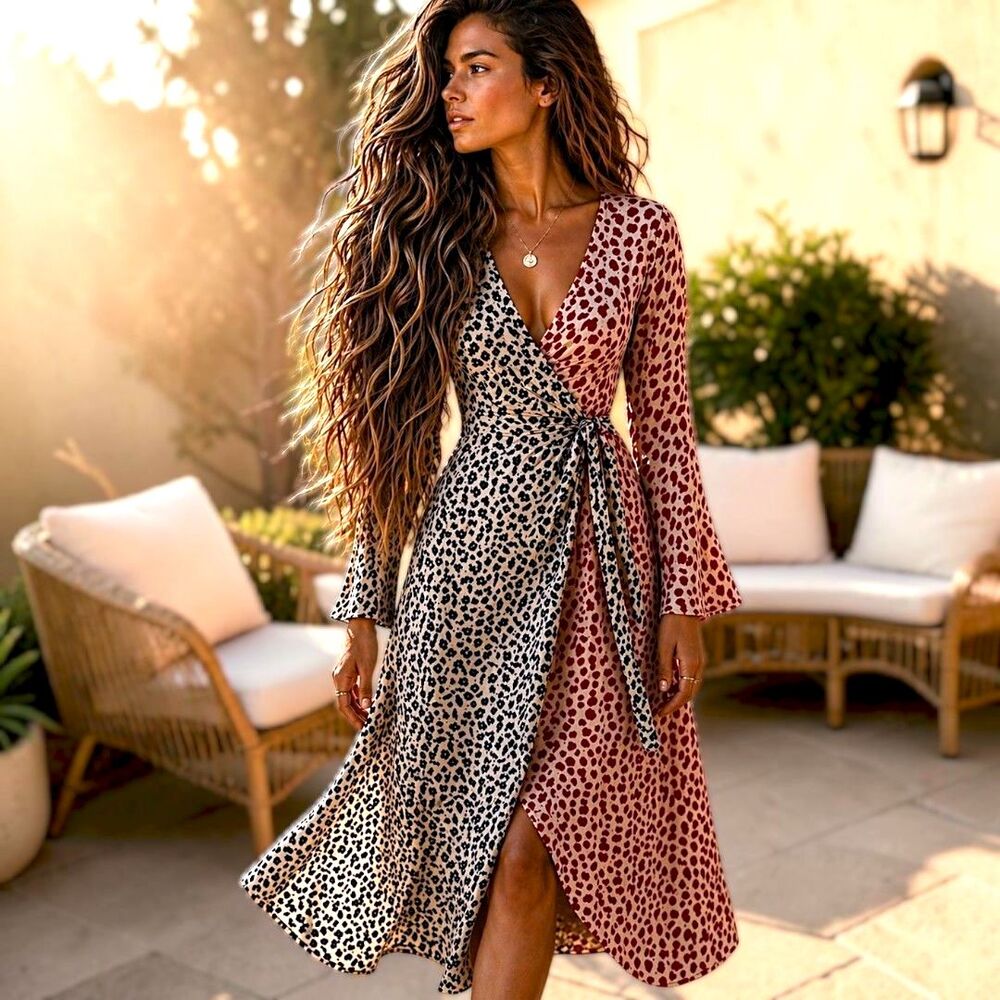 Wrap Midi Dress XS Compania Fantastica Mix Print Floral Polka Dot European Boho